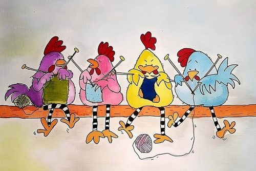 Illustration de 4 poules en train de tricoter