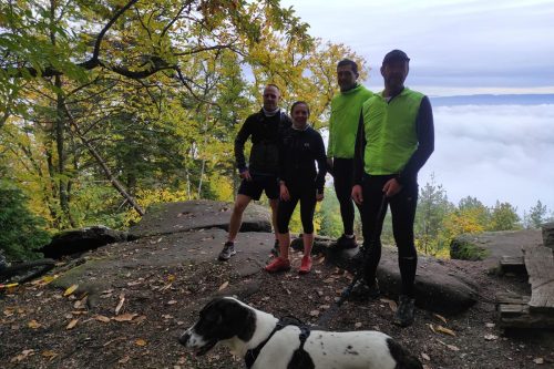 Photographie de 4 membres de l'activité running, souriant devant la caméra en forêt